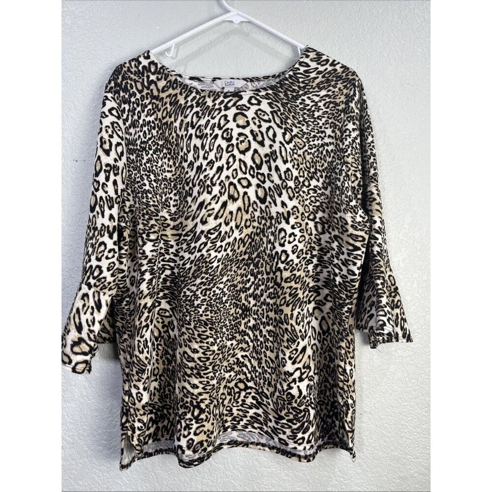 Croft & Barrow Blouse Womens XL Tan Leopard Print 3/4 Bell‎ Sleeve Boat Neck Top